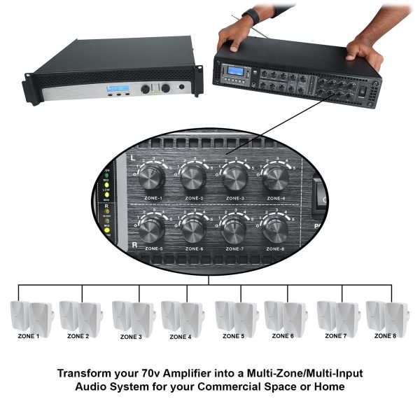 Rockville PRE-70V 70V Stereo Preamp Mixer with 8 Zones, Bluetooth Optical Mic In Online