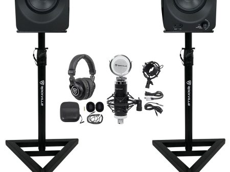 (2) Rockville ASM4 4  Studio Monitors Speakers w Bluetooth+Mic+Headphones+Stands on Sale