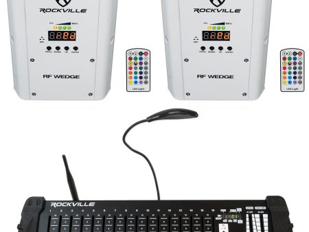 (2) Rockville RF WEDGE WHITE RGBWA+UV Wireless DMX Up Lights+384 Ch. Controller Online Hot Sale