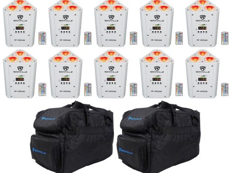 10 Rockville RF WEDGE WHITE RGBWA+UV Battery Wireless DMX Up Lights+Bags+Remotes Online