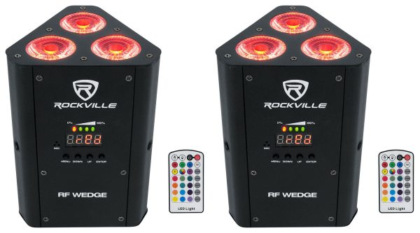 2 Rockville RF WEDGE BLACK RGBWA+UV Battery Wireless DMX DJ Up Lights+RF Remotes Supply