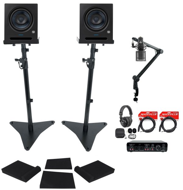 (2) Presonus Eris Pro 8 8  Studio Monitors+Interface+Stands+Mic+Headphones+Boom For Discount