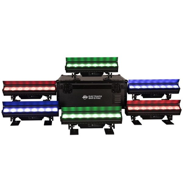 American DJ ADJ ElectraPix Bar 8 Pak (6) DMX RGBAL+UV Bar Lights w  Flight Case For Sale