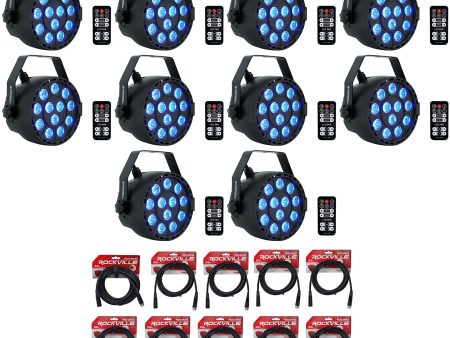 (10) Rockville RockPAR TRI LED RGB DJ Black DMX Par Wash Lights+Remotes+Cables Fashion