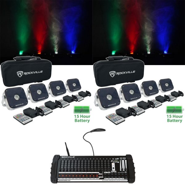 Rockville 8 PACK MINI RF1 V2 DJ Up Lights+Bag+RF Remote+Wireless DMX Controller Hot on Sale