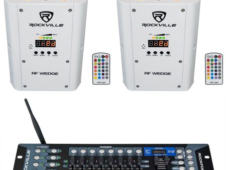 (2) Rockville RF WEDGE WHITE RGBWA+UV Battery Wireless DMX Up Lights+Controller on Sale