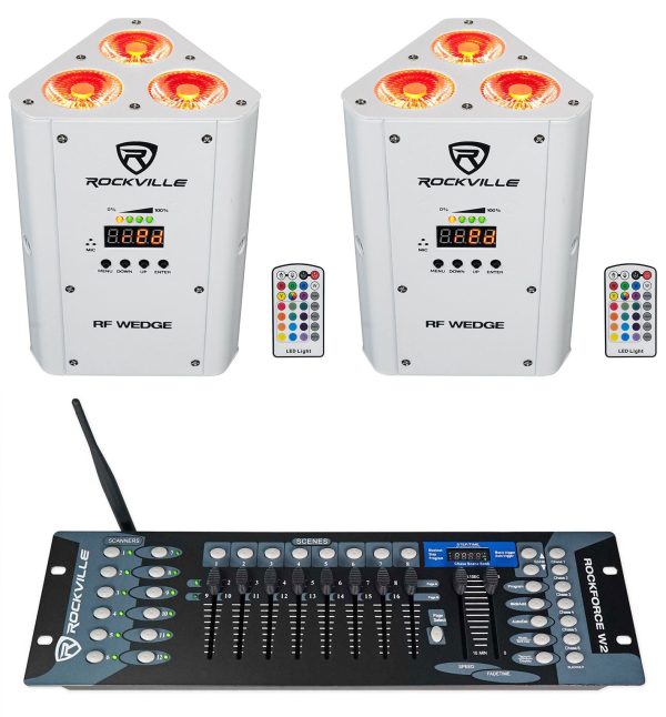 (2) Rockville RF WEDGE WHITE RGBWA+UV Battery Wireless DMX Up Lights+Controller on Sale