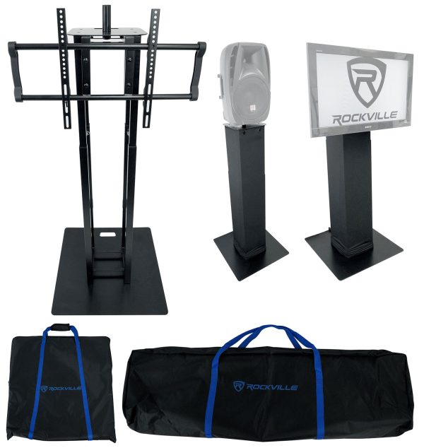 2) Rockville RTP33-TV Black Totem DJ Speaker Lighting Stands+Detachable TV Mount Fashion